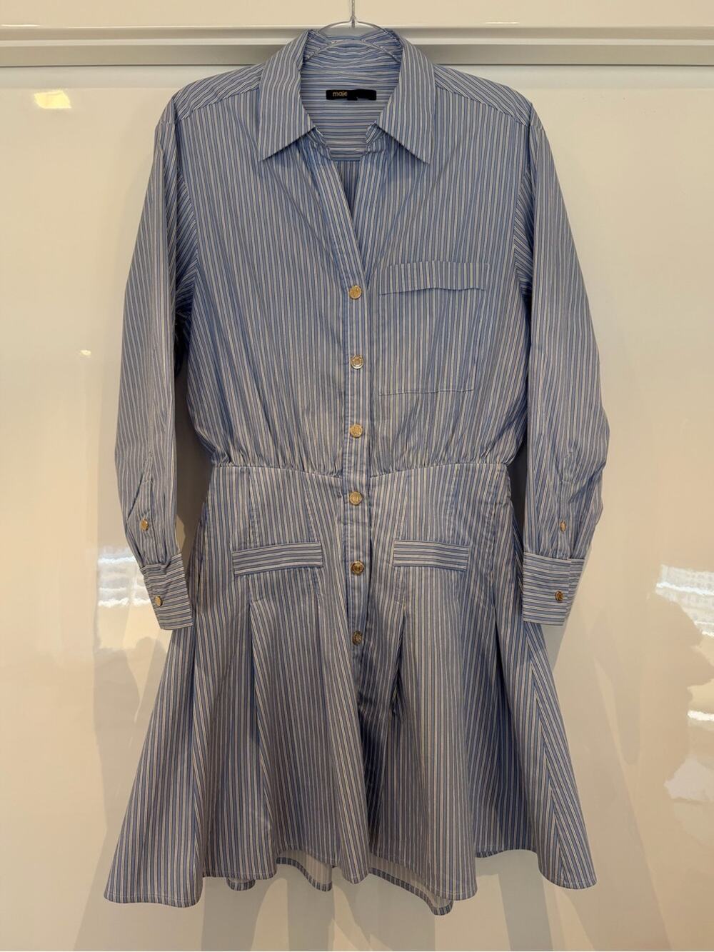 Maje Blue and White Striped Long-Sleeve Shirt Dress with Gold Buttons